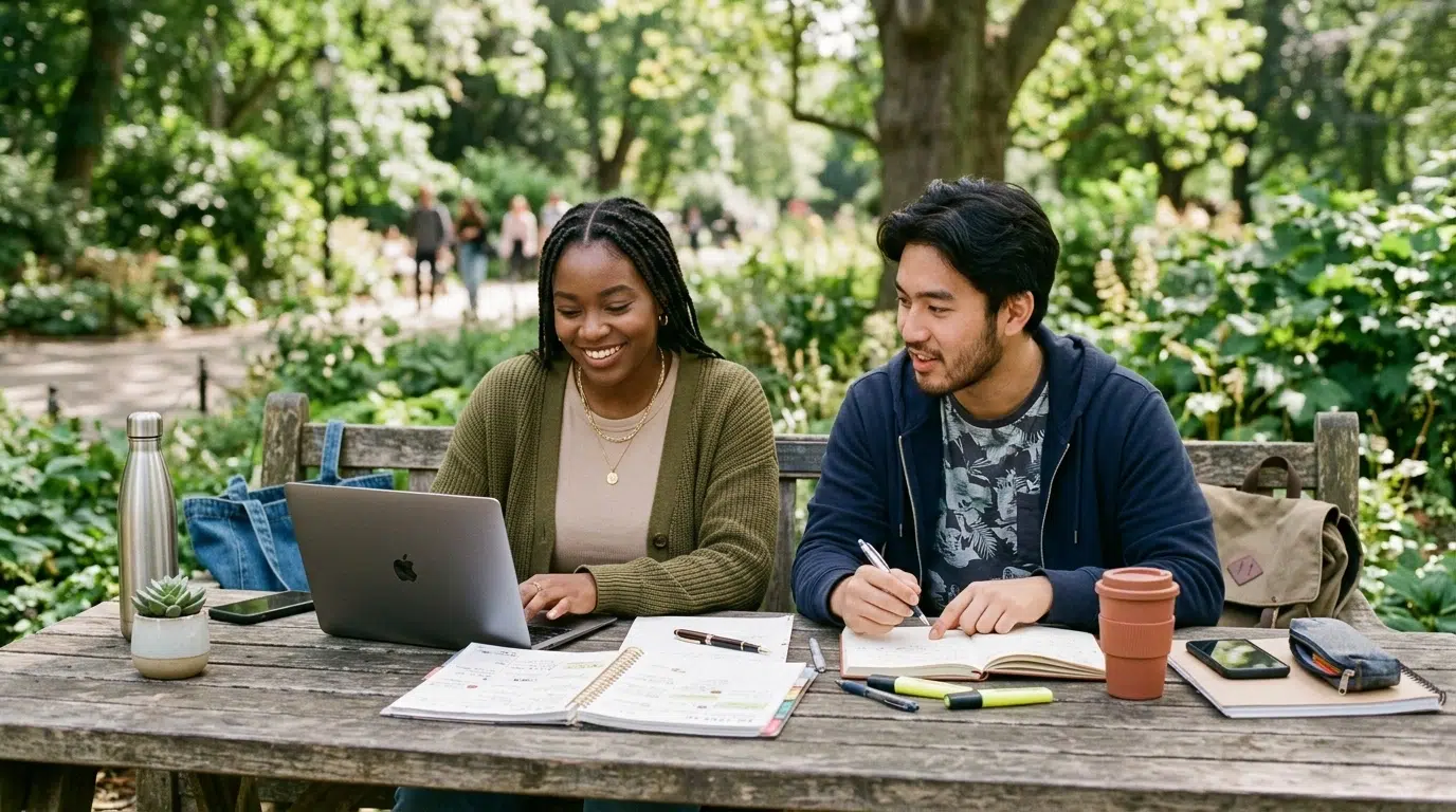 Two diverse students collaborating with a laptop and planners at an outdoor park table