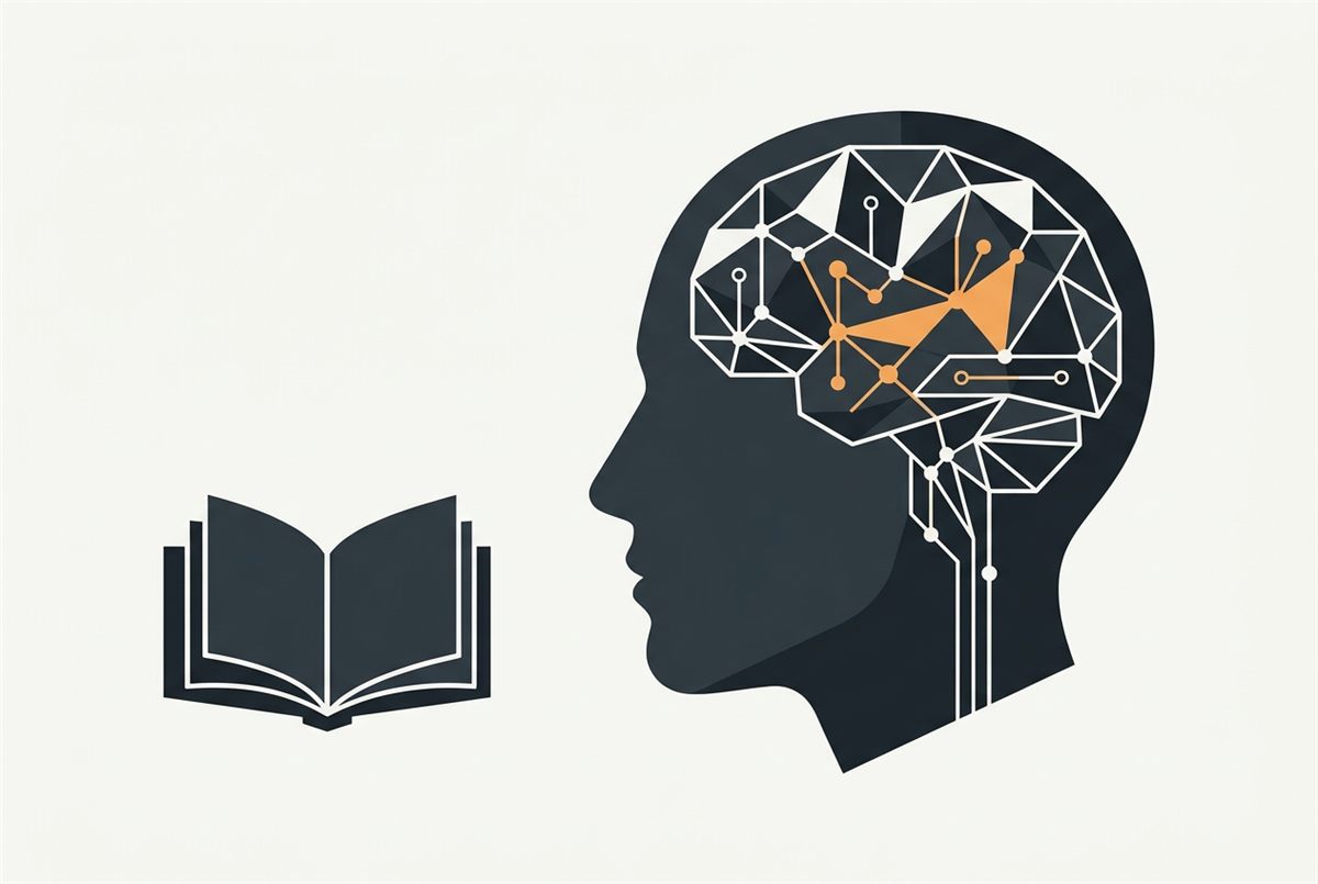 A flat vector illustration of a head in profile with a geometric brain, representing AI-assisted studying