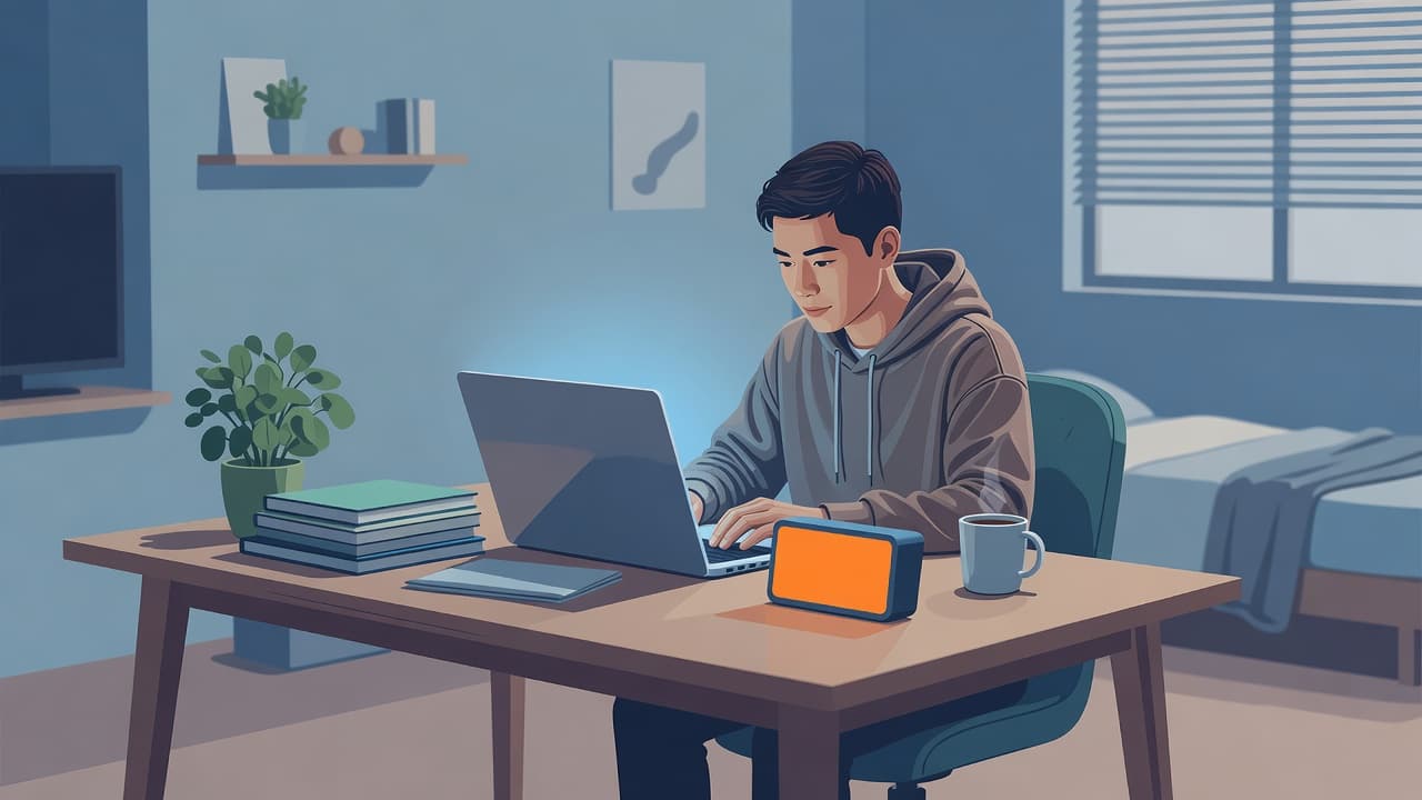 An illustrated student studying at a desk with a laptop and a timer.