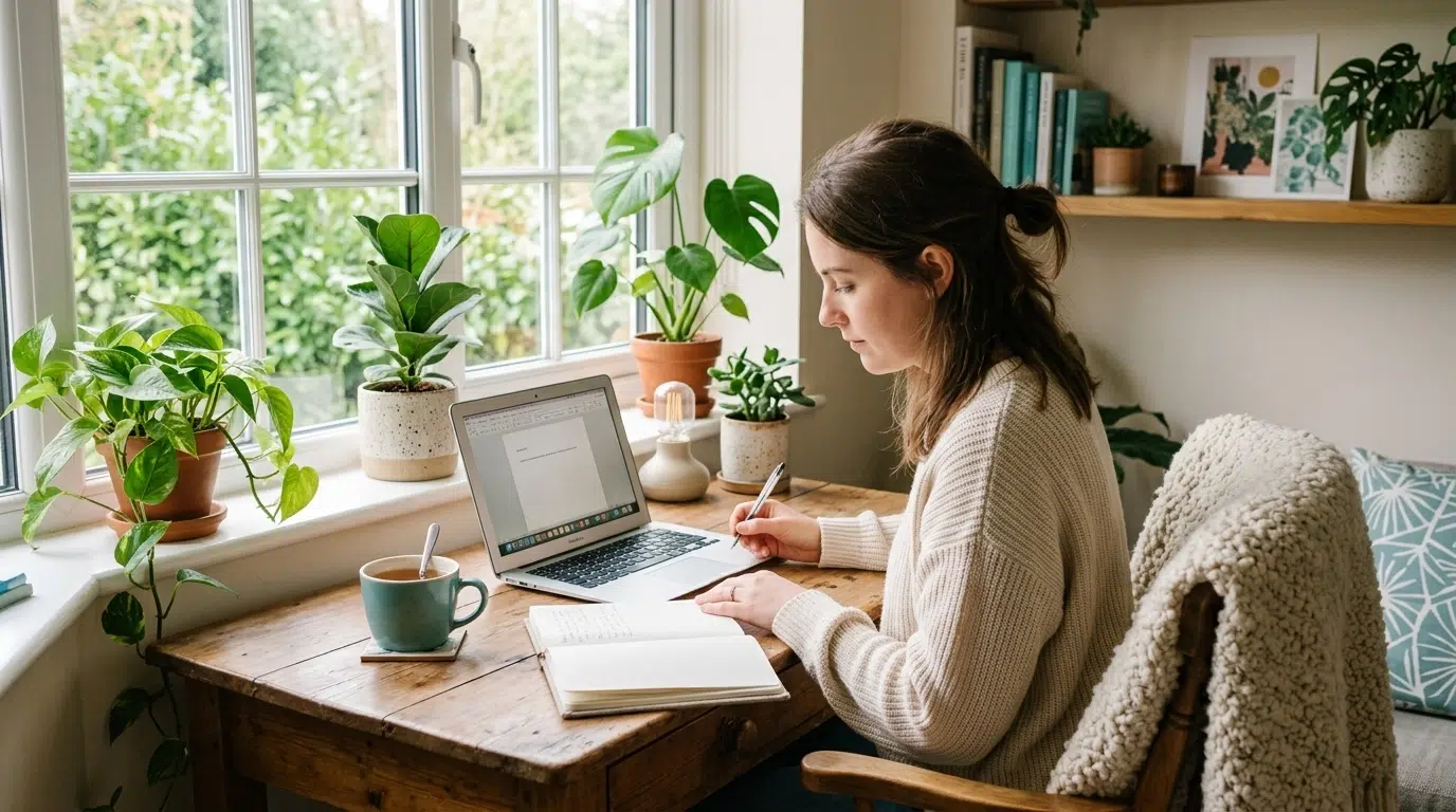 A cozy study nook with plants, natural light, and warm decor for focused work