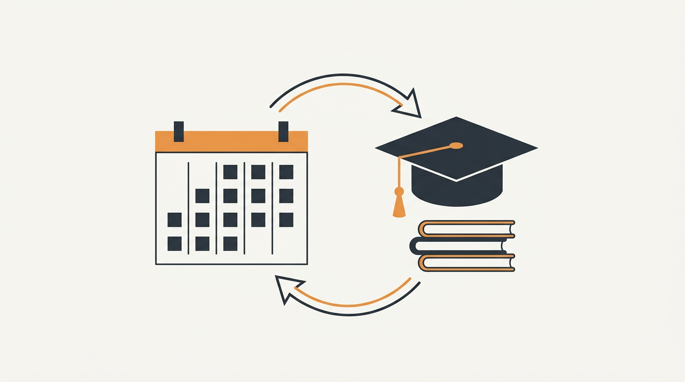 Illustration of a digital calendar syncing with a graduation cap and books