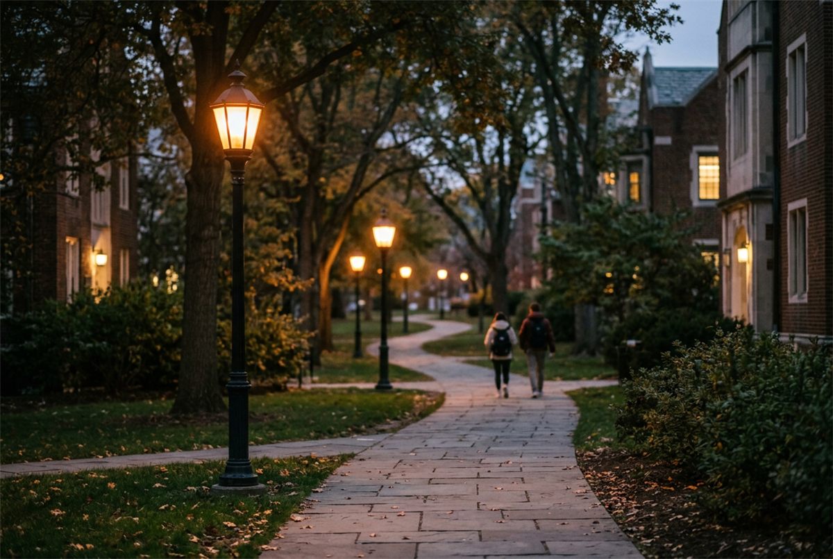 A well-lit university campus walkway at dusk with students walking safely