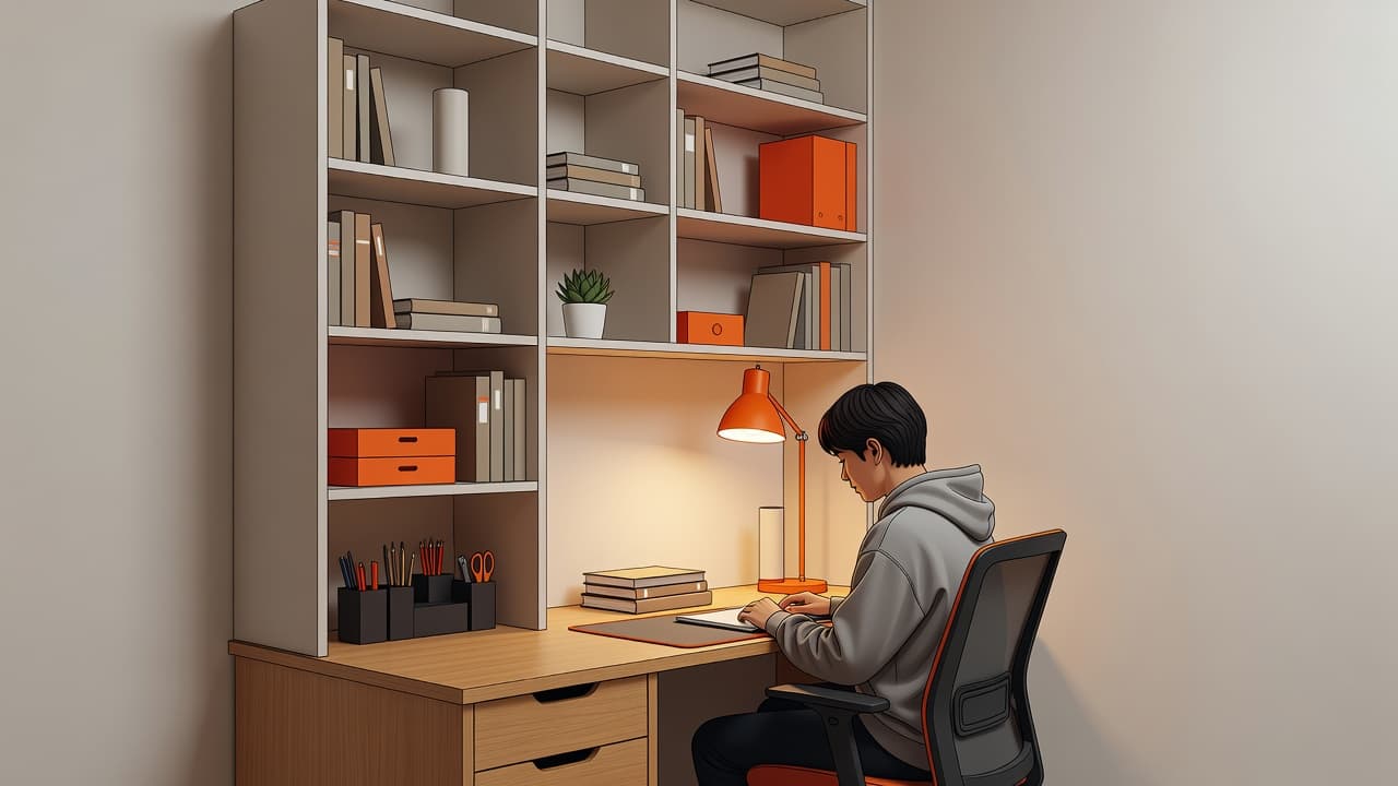 A student studying at a tidy desk with shelves and organized books in a cozy room.
