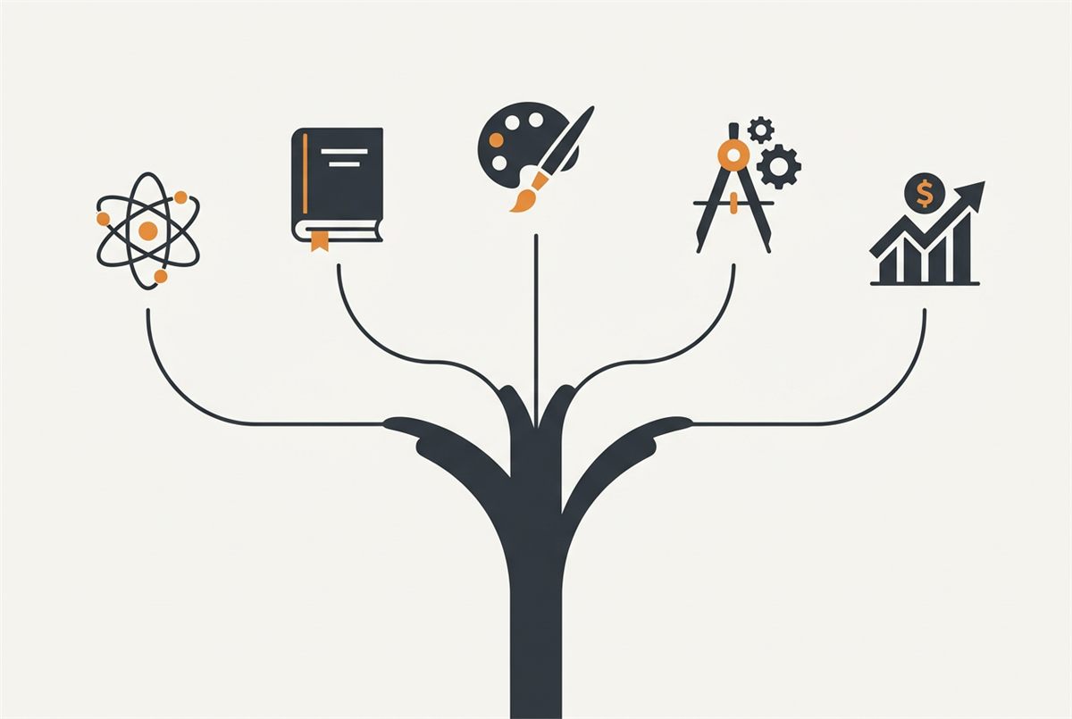 A flat illustration of a path branching into several routes, representing flexible academic pathways