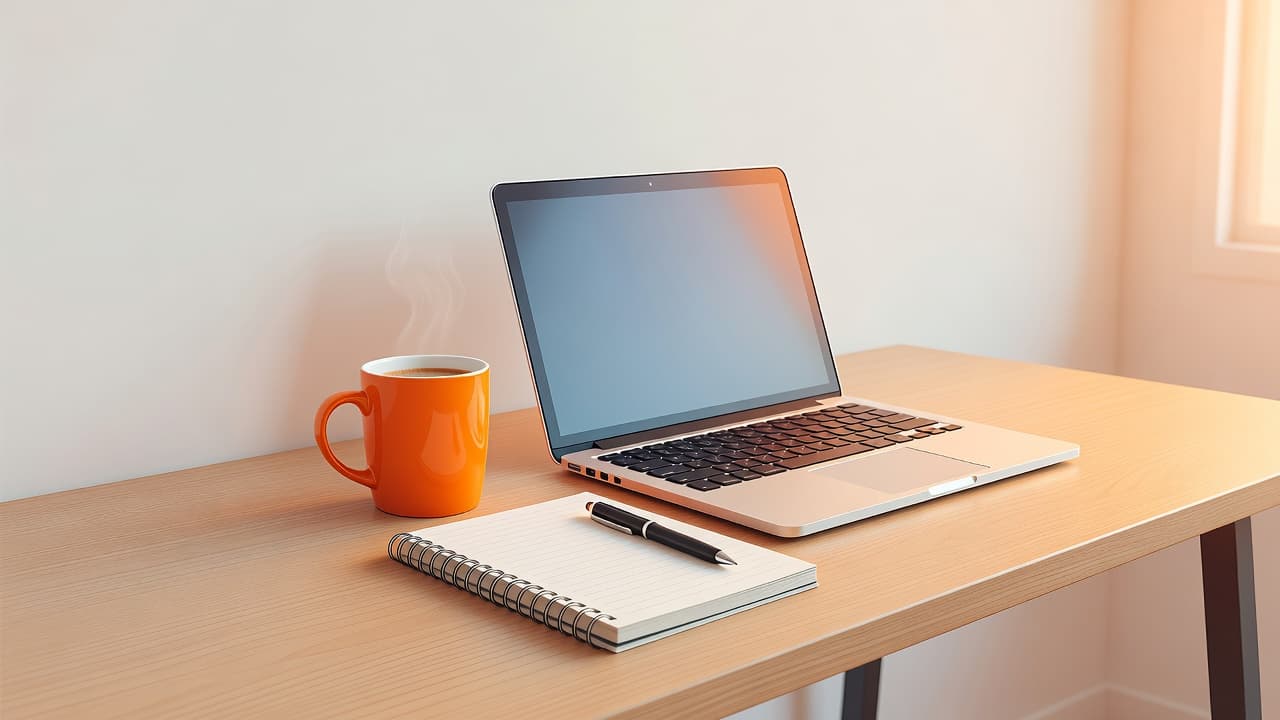 An illustrated study desk with an open laptop, notebook, and pen under warm light.