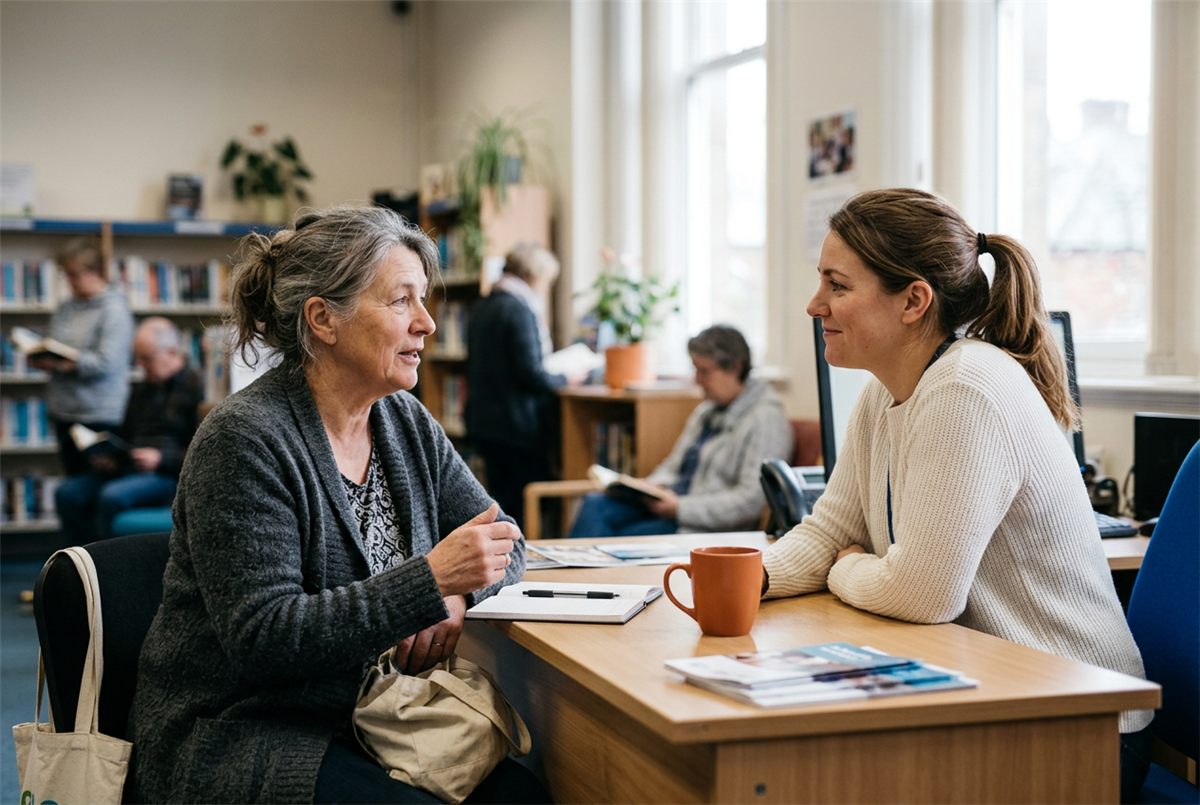 A woman talking with an adviser at a community resource centre