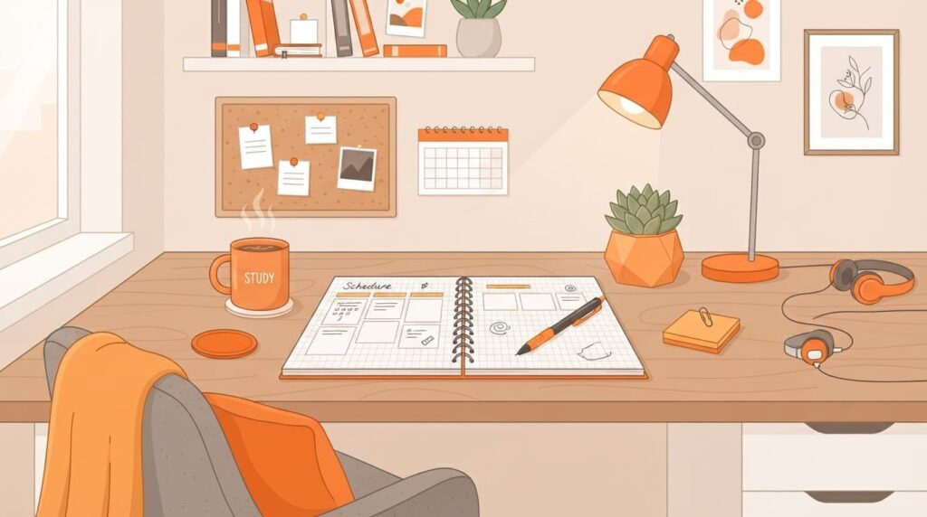 Cozy student desk with an open notebook, pen, planner, and coffee cup.