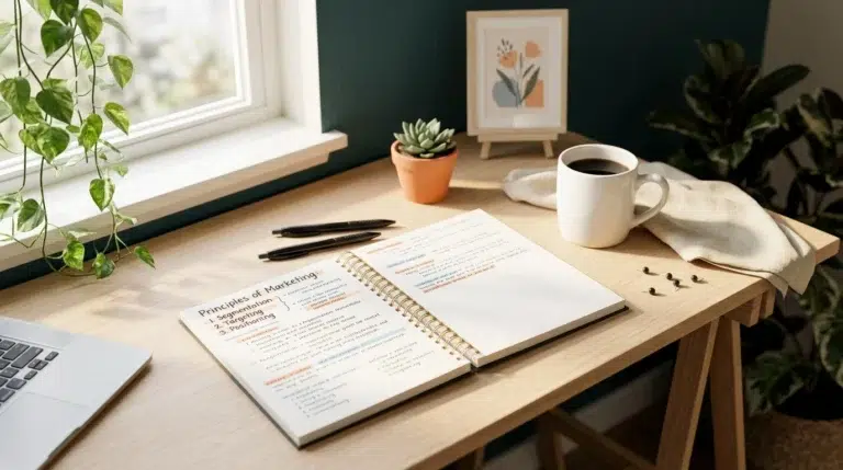 A wooden desk by a window holds an open notebook with notes, black pens, a white mug, a small potted plant, a framed print, and part of a laptop, creating a cozy, organized workspace.