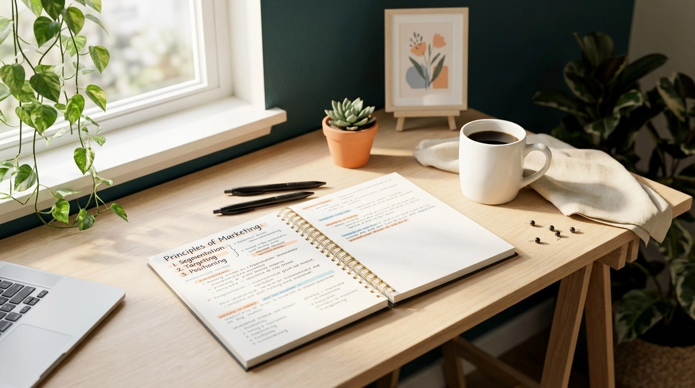 Aesthetic note-taking setup with highlighters and a coffee on a sunny desk