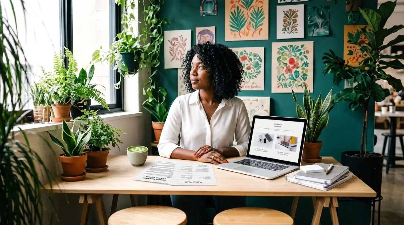A woman sits at a desk with a laptop, papers, and a coffee, surrounded by potted plants and colorful wall art, looking thoughtfully out the window.