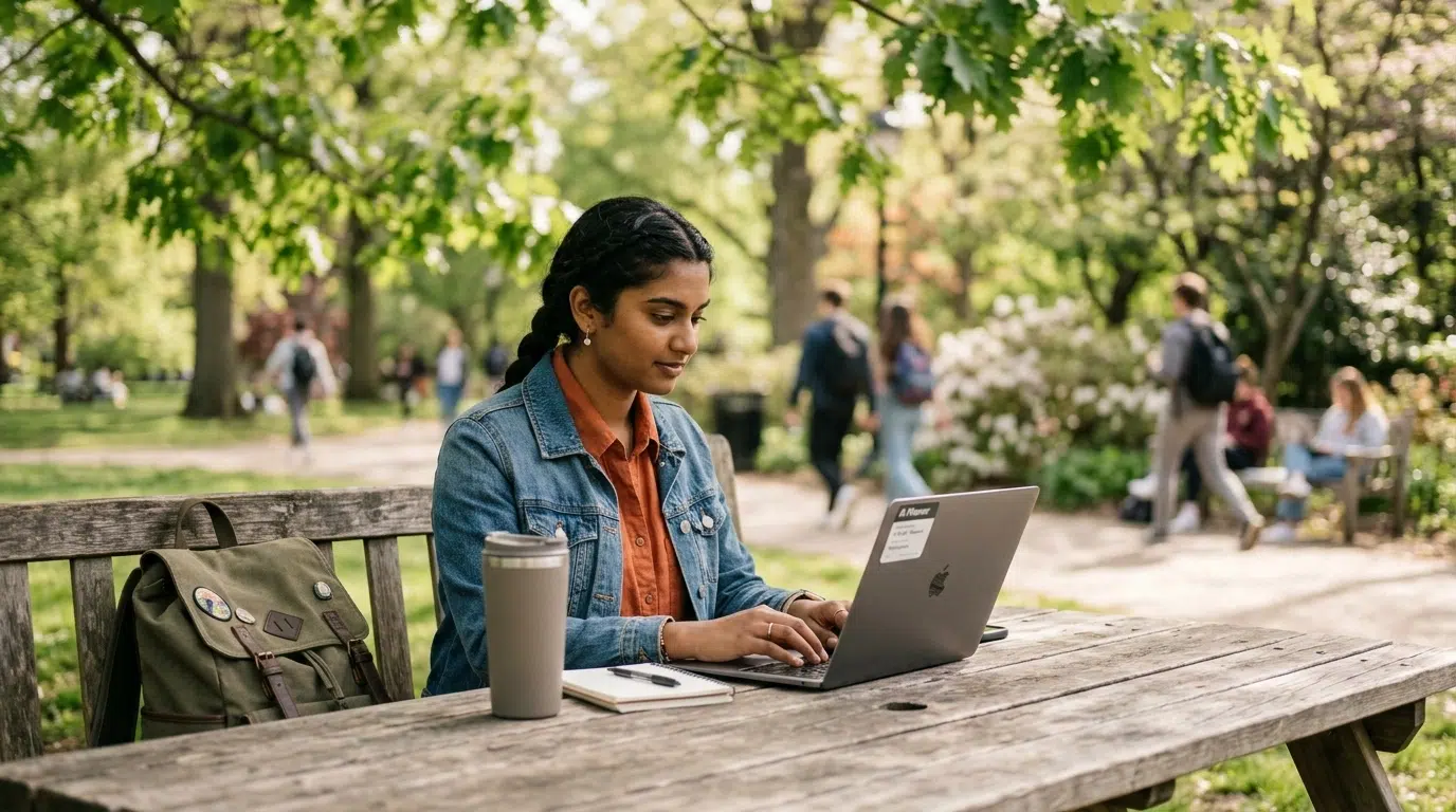 Student using a laptop with an AI planner while studying in an outdoor park