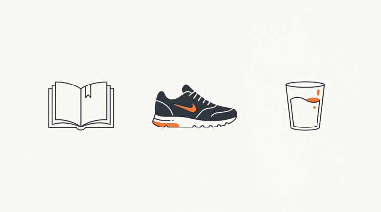 Illustration of three habit icons: a book, a running shoe and a glass of water