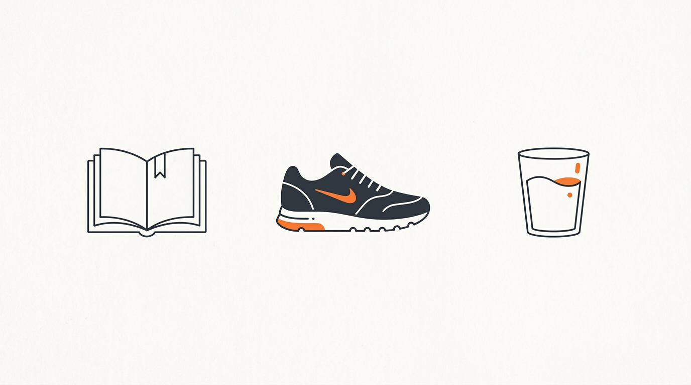 Illustration of three habit icons: a book, a running shoe and a glass of water