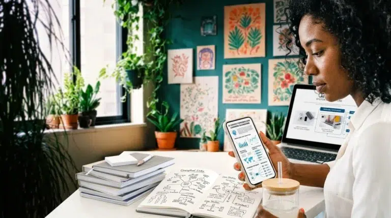 A woman at a desk looks at charts on her phone, with notebooks, a laptop, and a drink nearby. The workspace is decorated with plants and colorful art on the wall. Sunlight streams in through a window.