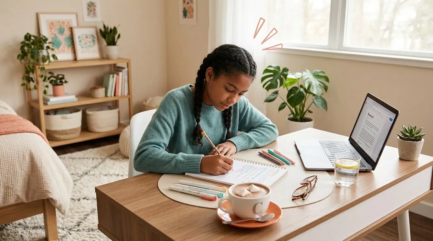 Middle school student practicing aesthetic note-taking at a cozy desk