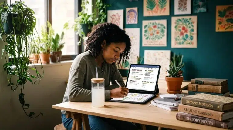 A person studies at a wooden desk with a laptop, tablet, books, and a glass of lemonade. The room features many plants and botanical art on the teal wall. Sunlight streams through a nearby window.