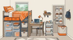 An organized college dorm room featuring a lofted bed, neat desk, and storage cart.
