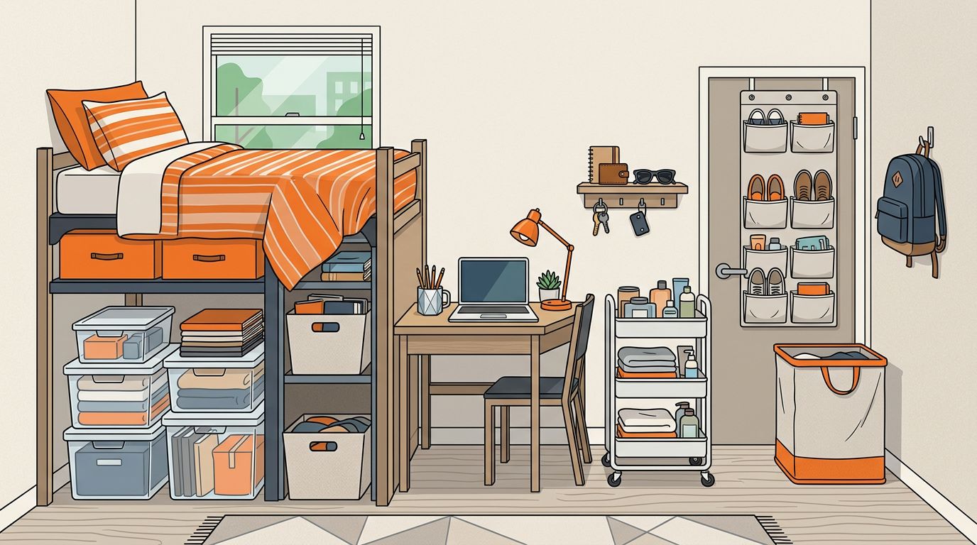 An organized college dorm room featuring a lofted bed, neat desk, and storage cart.