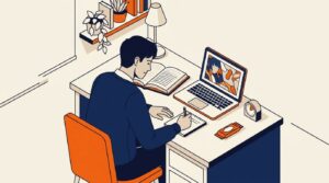 An editorial illustration of a student studying at a tidy desk with a laptop and anime screen.