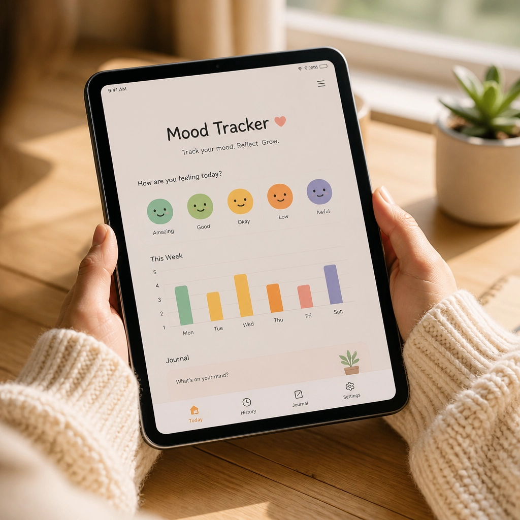 A close-up of a student's hands holding a tablet with a colorful mood tracker, emphasizing mindful reflection.