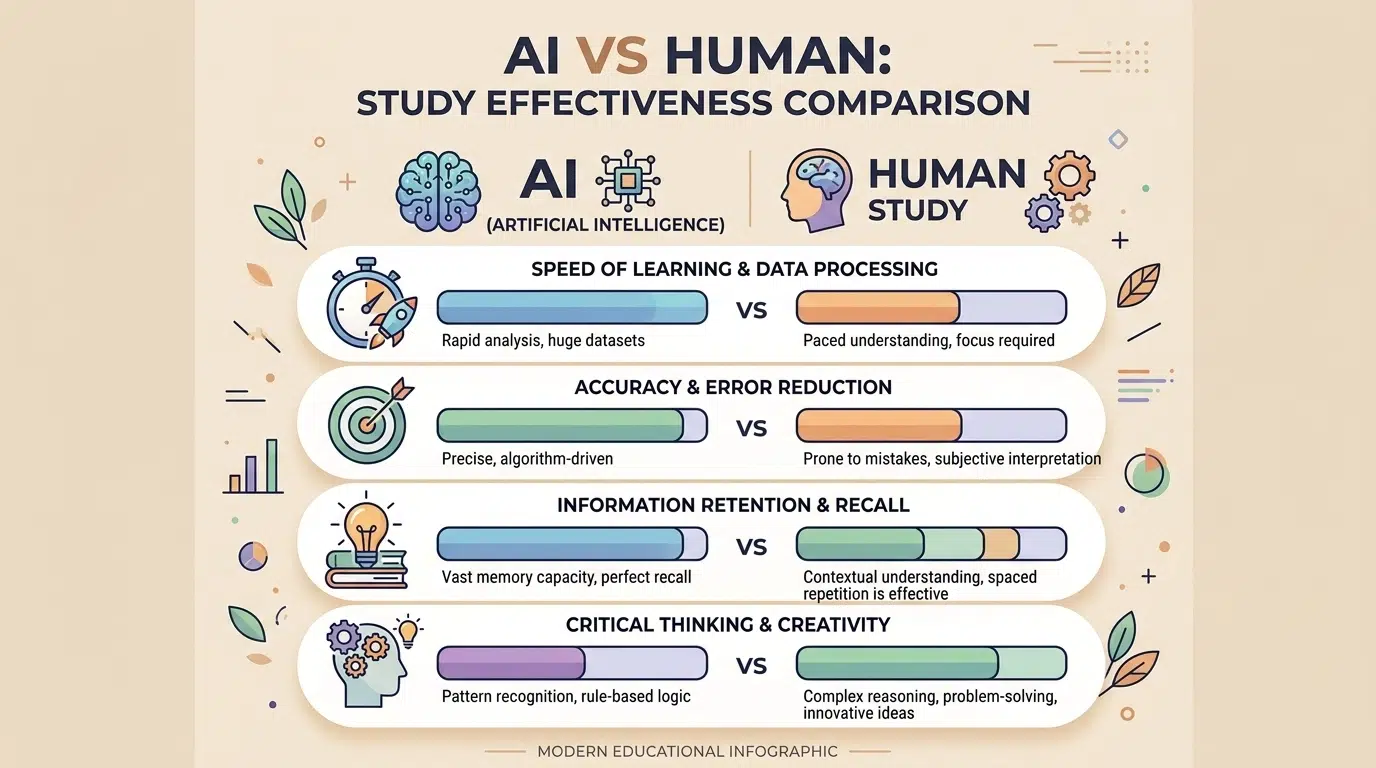 A modern infographic chart comparing AI vs human study effectiveness across speed, accuracy, retention, and critical thinking.