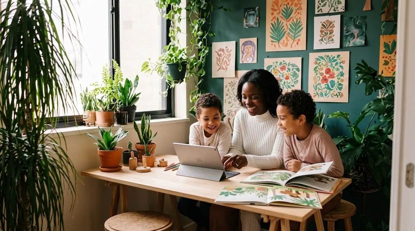 A woman and two children sit at a wooden table with a laptop and books, surrounded by houseplants and colorful artwork, smiling and learning together in a bright, cozy room.