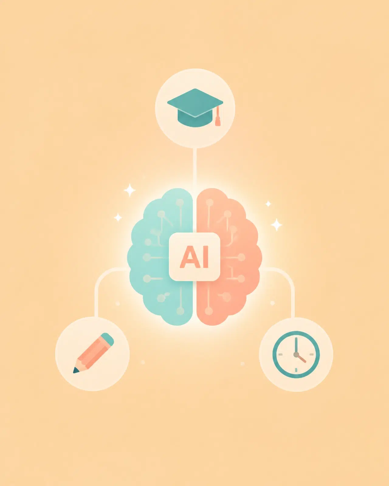 Vector illustration showing an AI brain icon connecting different study symbols