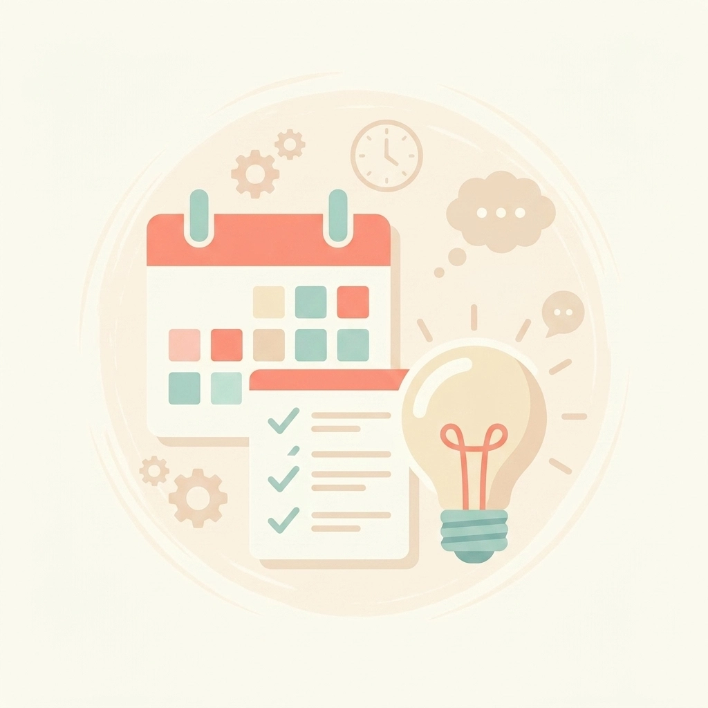 A minimal vector illustration of a calendar, checklist, and lightbulb in pastel colors