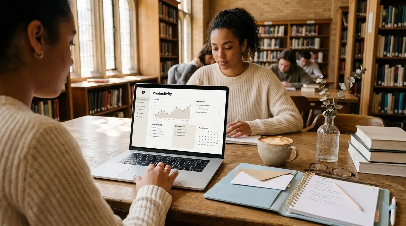 Two women study at a library table with laptops, notebooks, and coffee. One womans laptop displays a productivity dashboard. Bookshelves and other people are in the background.