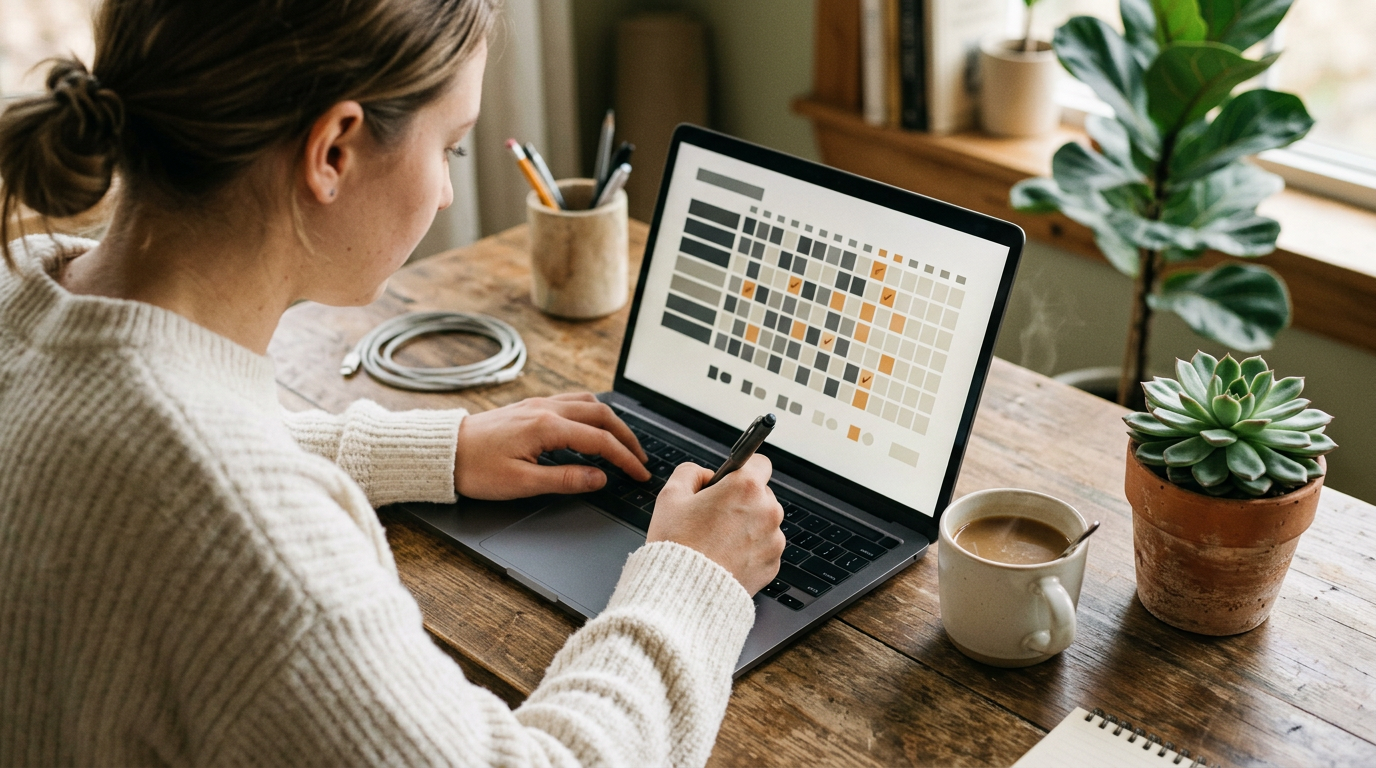 A student filling in a habit tracker on a laptop with coffee and a small plant nearby