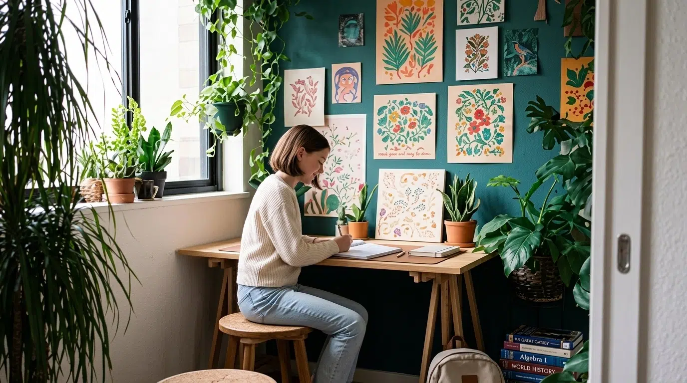 A woman sits at a wooden desk surrounded by plants and colorful botanical art on the wall, writing in a notebook in a bright, cozy room with natural light.