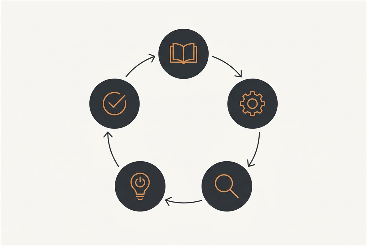 A flat illustration of a circular independent-study workflow with connected steps