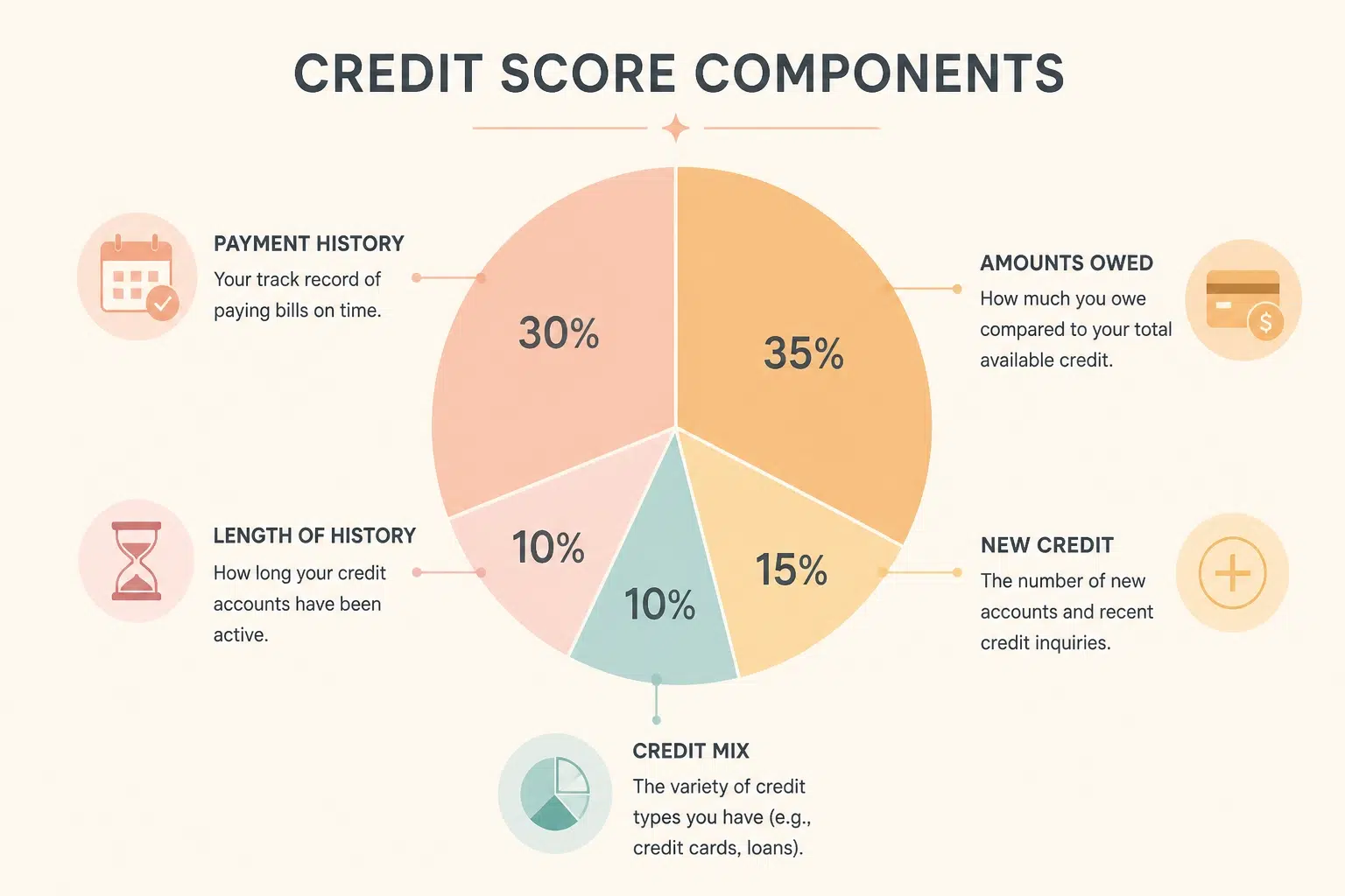 Minimalist vector illustration showing the five components of a credit score