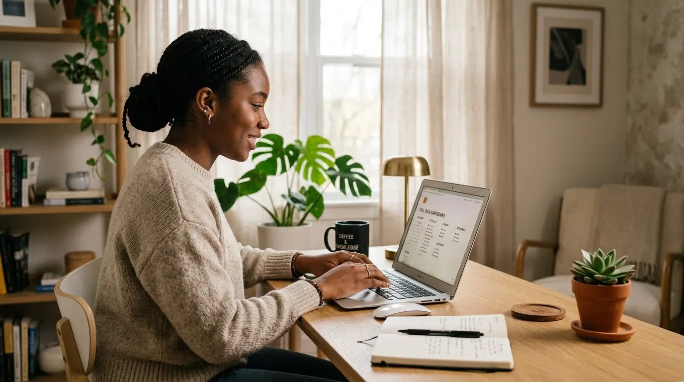 Student in a minimalist home office viewing an organized student dashboard on a laptop
