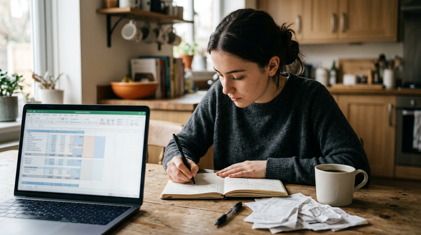 A student working out a monthly budget in a notebook at a kitchen table with a laptop nearby