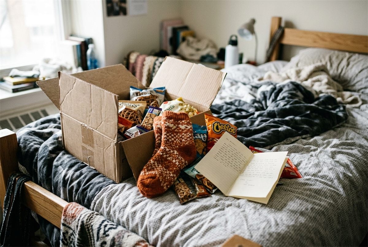 An opened care package on a dorm bed with snacks, a note and cosy socks