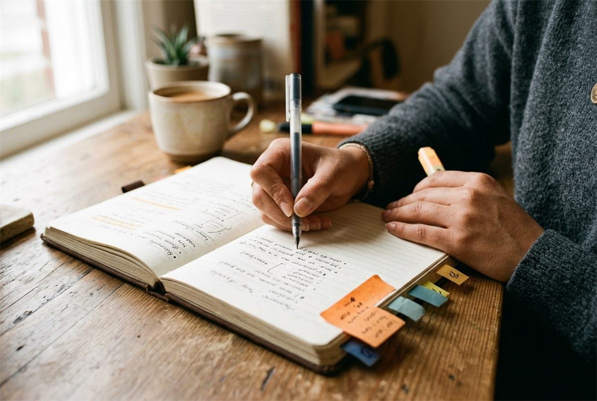 Hands writing structured notes with a highlighter and coloured page tabs