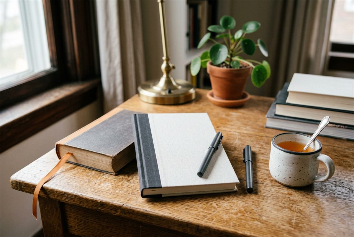 A hardback notebook, pen, book and mug gathered as gifts on a desk