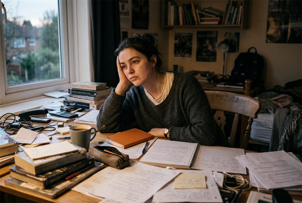 A student sitting back from a cluttered desk with their head in one hand