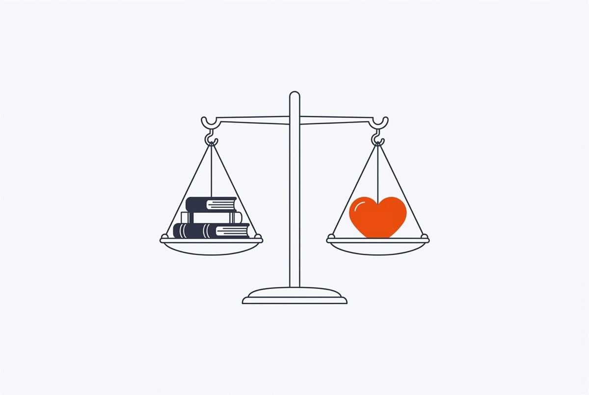 Flat illustration of a balance scale holding books on one side and a heart on the other