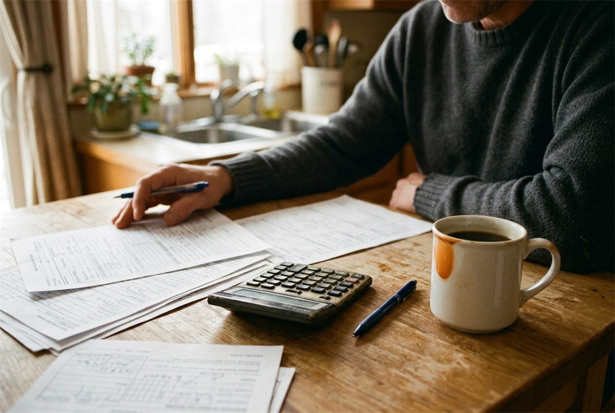 Printed financial aid forms spread on a kitchen table with a calculator