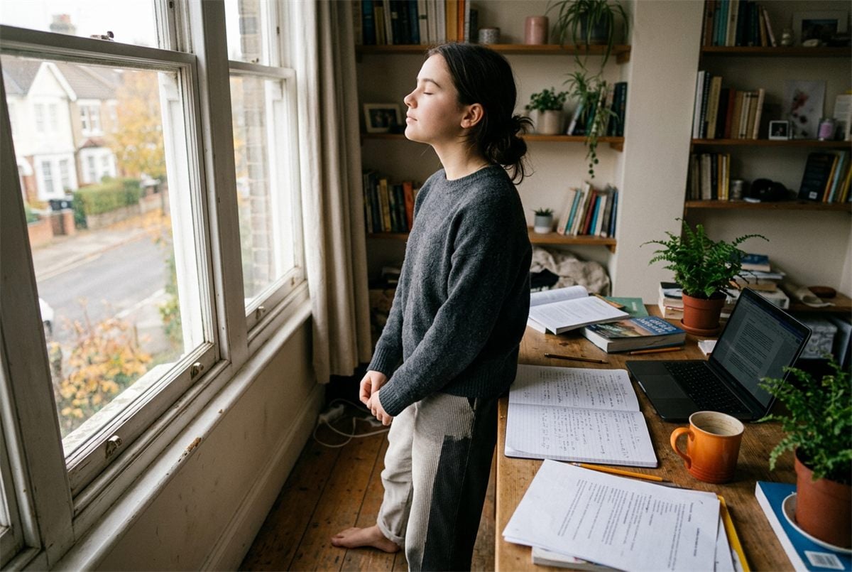 A student pausing at a window to breathe, homework open on the desk behind