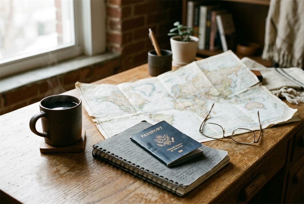 A part-packed suitcase on a bed with a passport and notebook on top
