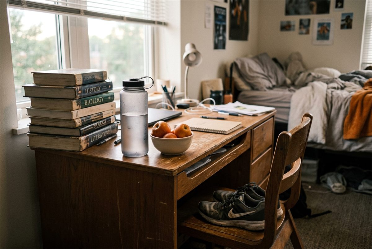 A dorm desk with a water bottle, bowl of apples and trainers under the chair