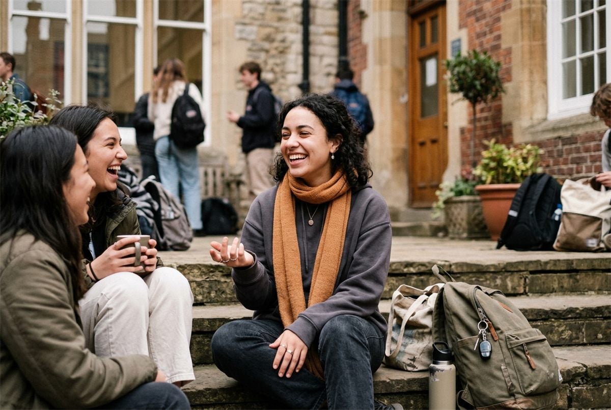 A student laughing mid-conversation with friends on campus steps