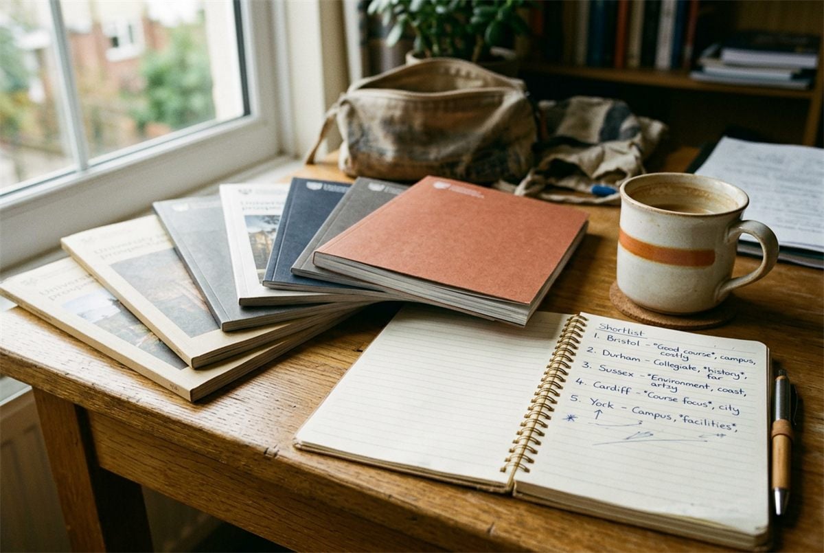 University prospectuses fanned across a desk beside a handwritten shortlist