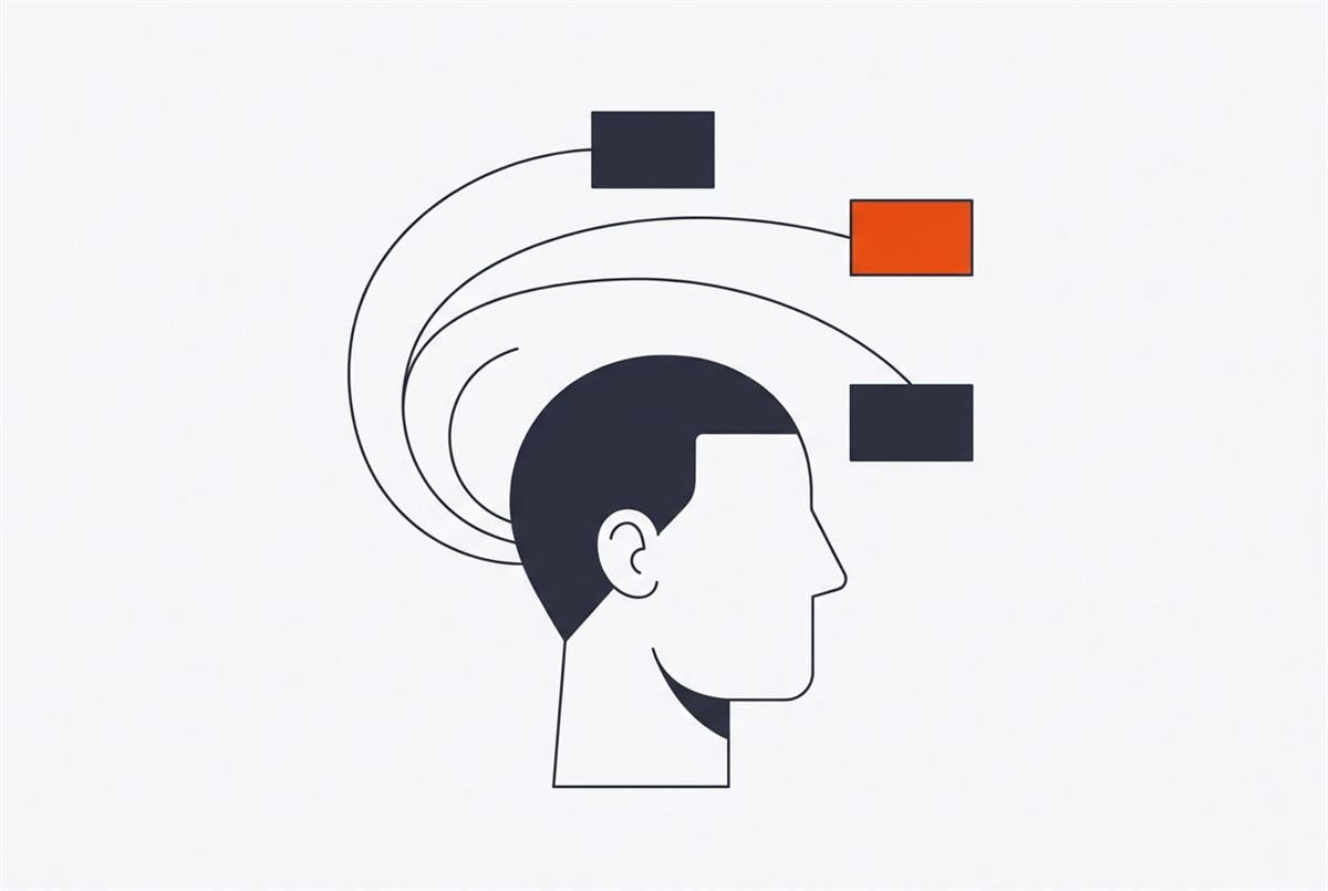Flat illustration of a head linked by curved lines to three recall cards