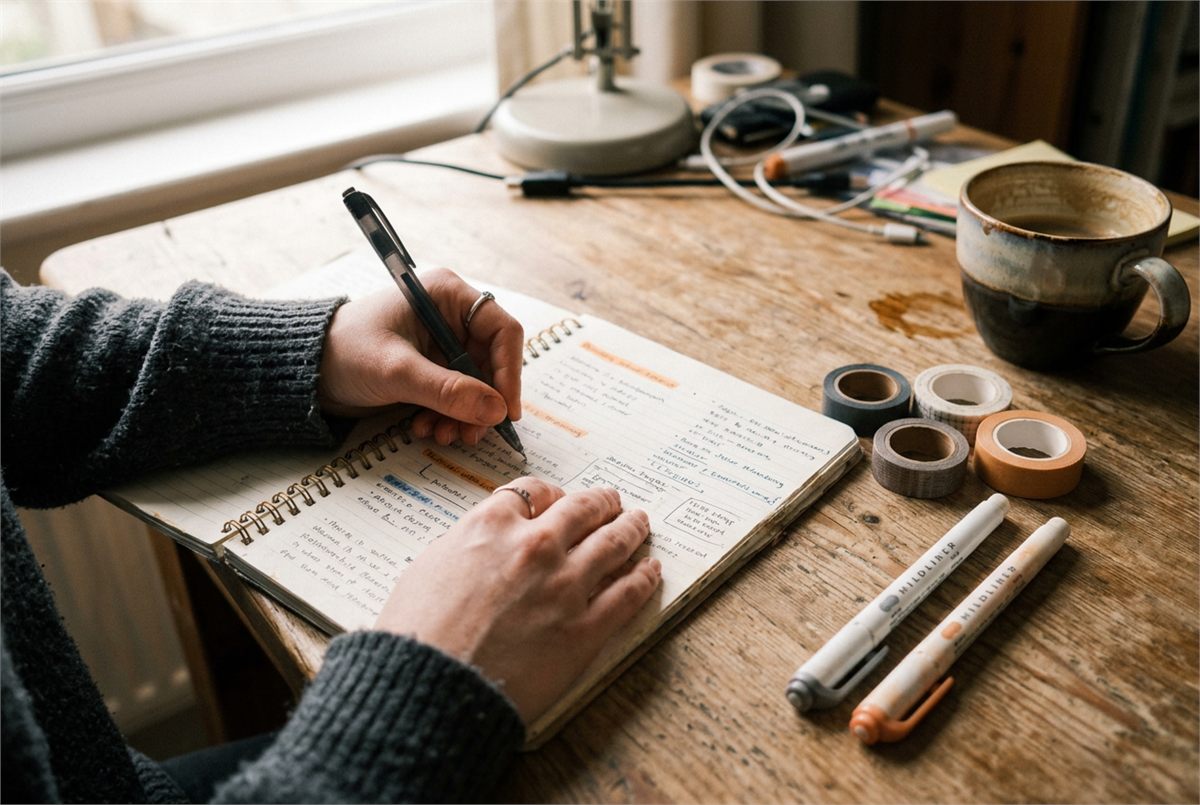 Hands writing colour-coded notes in a spiral notebook beside washi tape and coffee