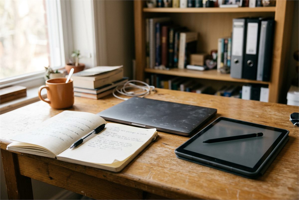 Analog and digital note-taking tools side by side on a student desk