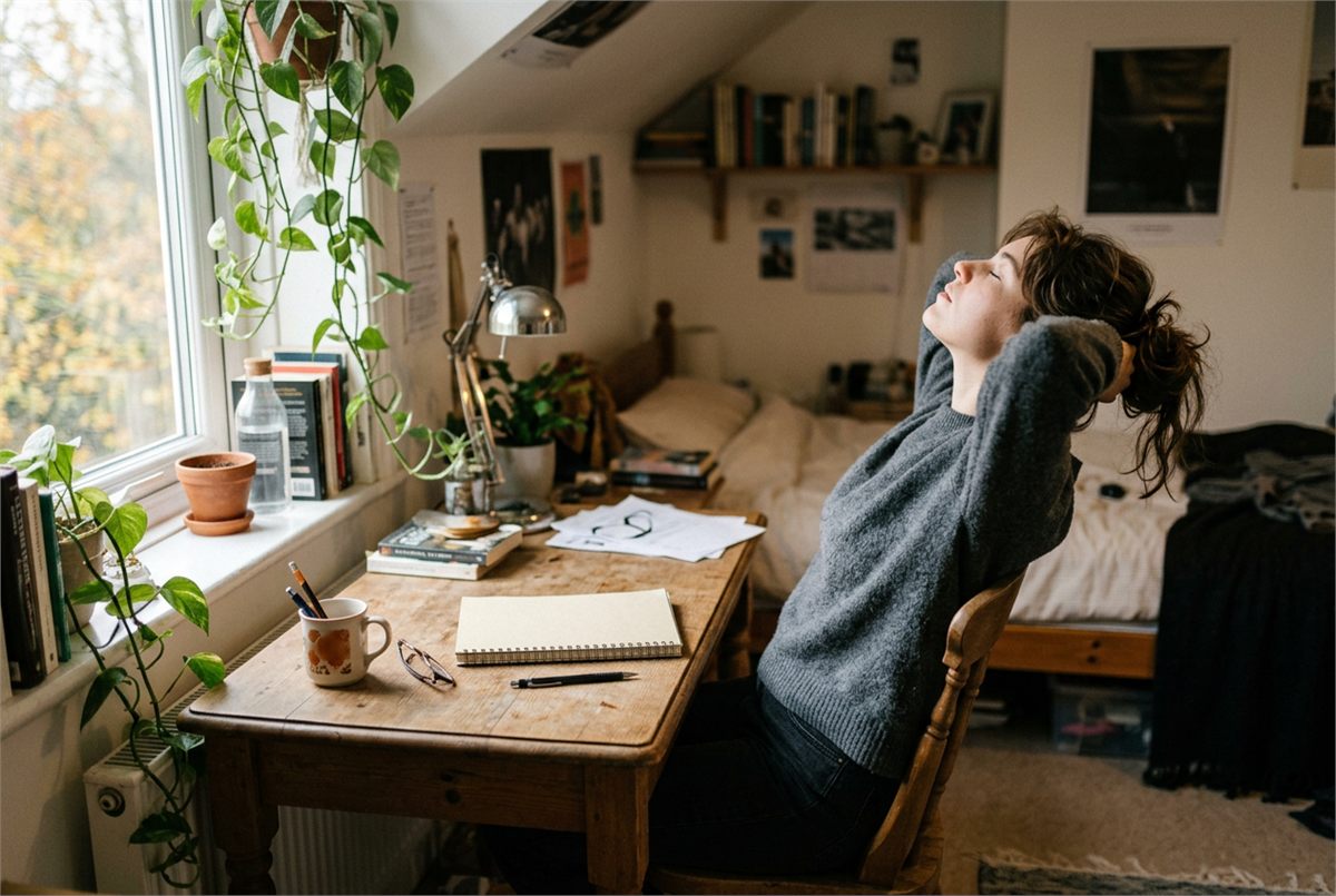 A student pausing and stretching away from a closed notebook at their desk